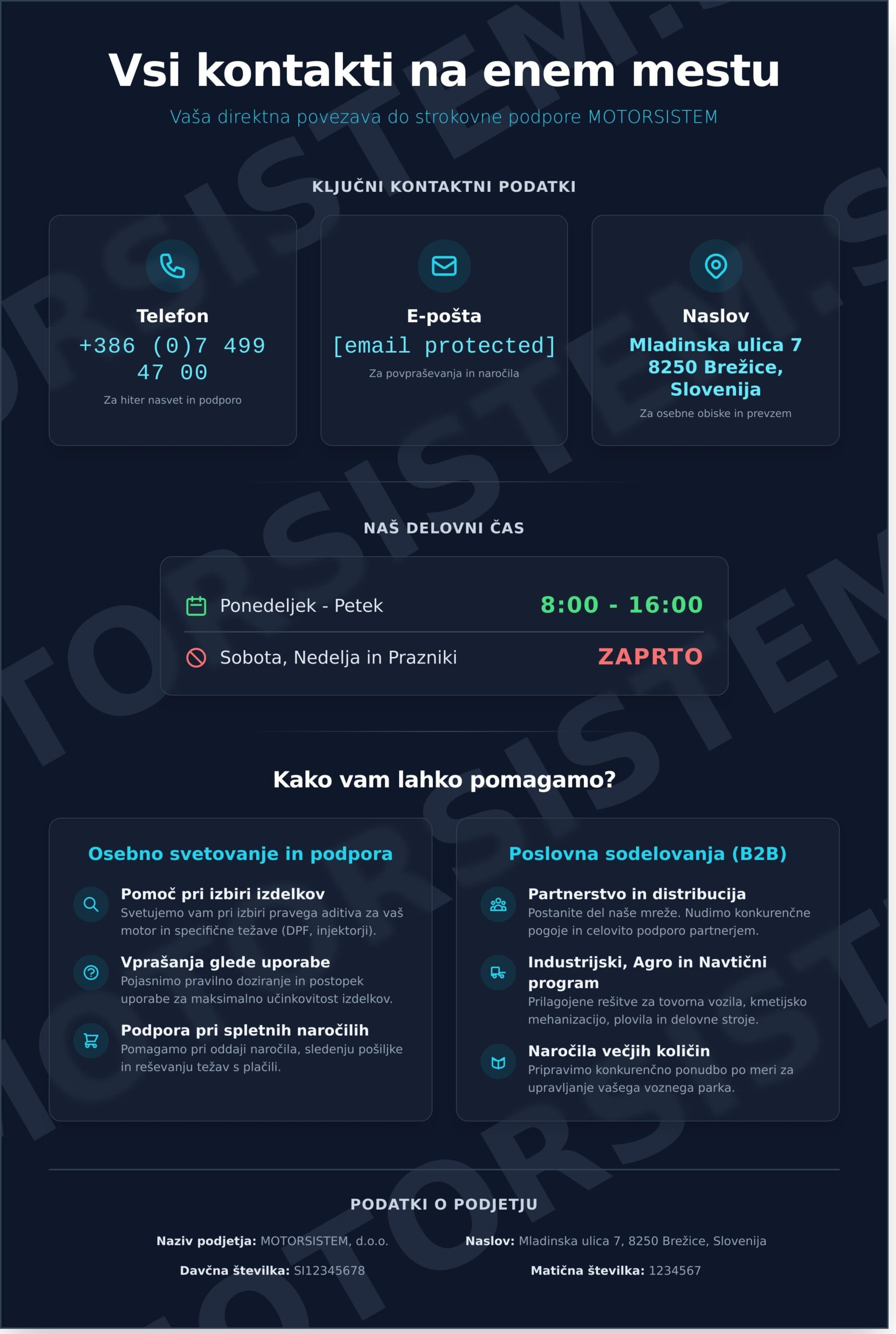 Motorsistem Kontakt: Vsi načini, kako stopiti v stik z nami